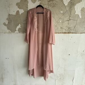 Romantic Sheer Blush Pink Kimono Robe Duster Long Embroidered Lace Trim Overlay